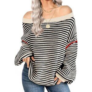 Womens Oversized Knit Sweater Off Shoulder Crewneck Striped Long Sleeve